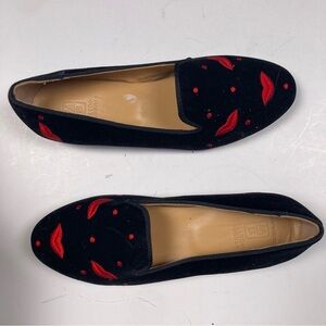 STUBBS & WOOTTON Black Velvet Loafers w Red Embroidered Kiss Lips